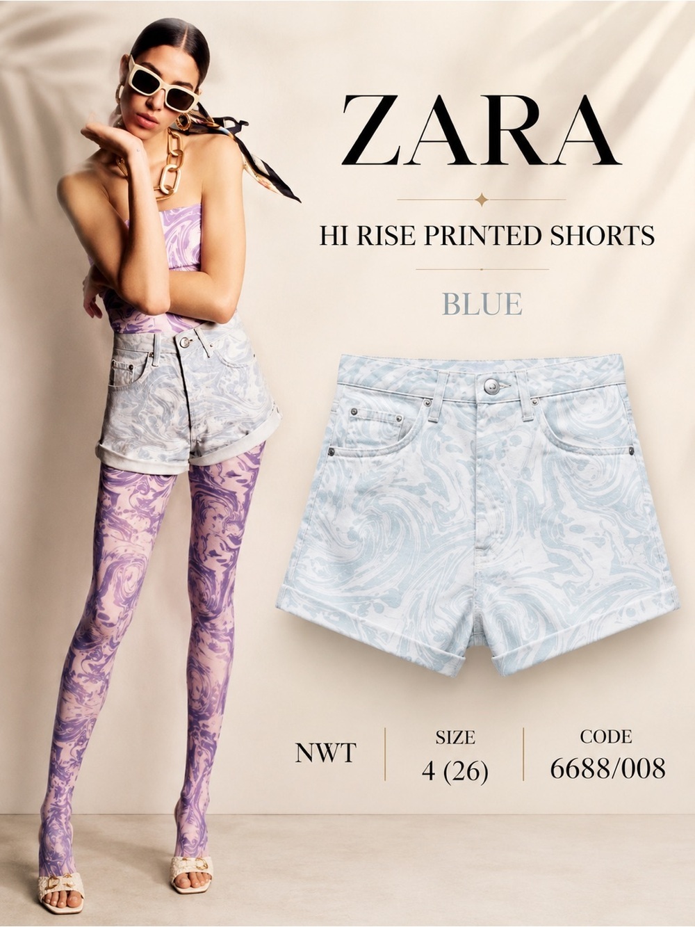 ZARA Blue High Rise Printed Denim Shorts NWT Size 4 / 26